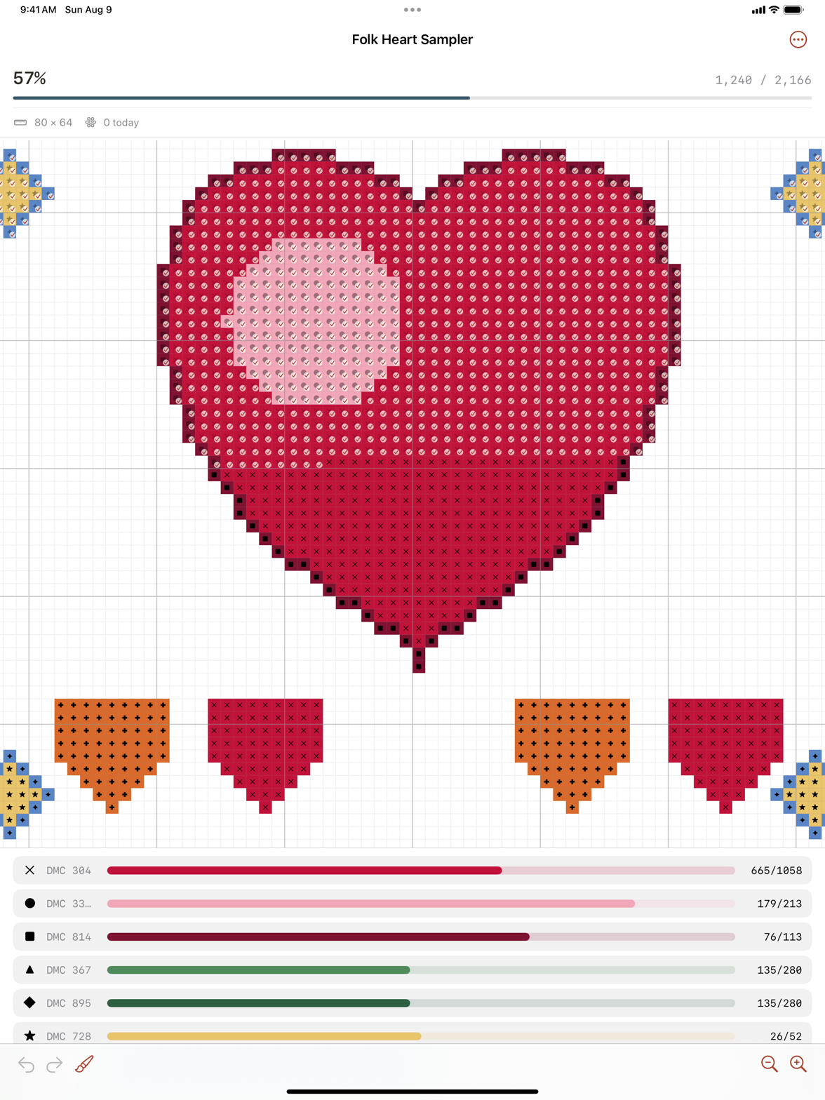 The Folk Heart Sampler open on the iPad chart canvas.