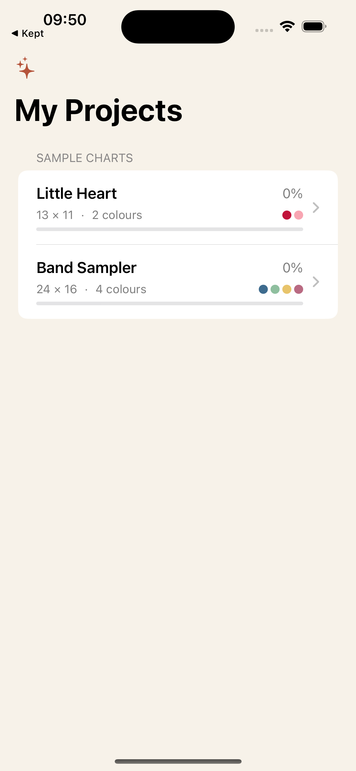 Aida on iPhone: the project library with per-chart progress