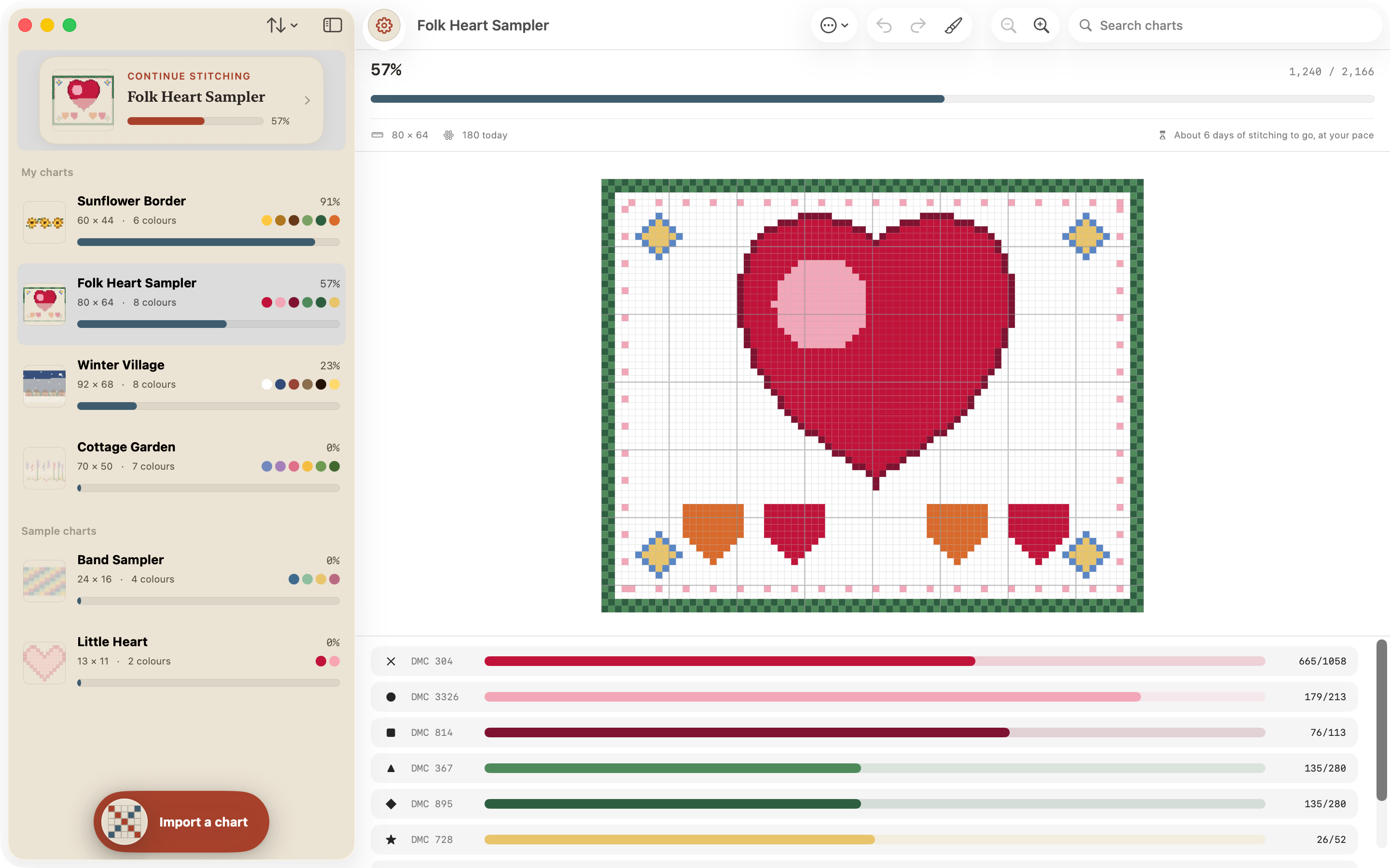 Aida on the Mac: the project library in a sidebar beside the Folk Heart Sampler chart, in one window.